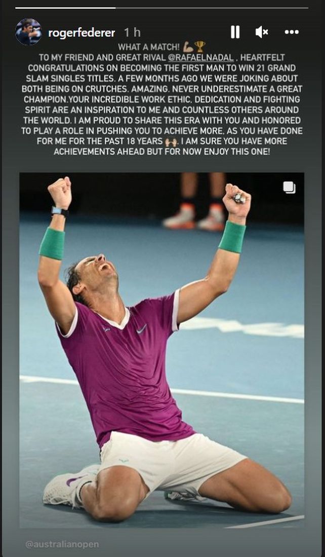Nunca subestimen a un gran campeón, publicó Federer sobre el récord de Nadal