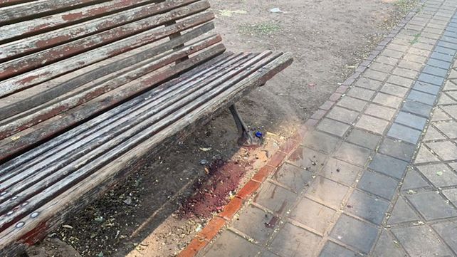 El banco de la plaza Burtovich donde fue hallado el hombre con graves heridas.&nbsp;