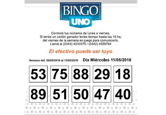 Números del BINGO UNO de la semana del 9 al 13 de Mayo
