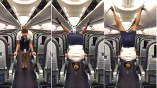 La azafata maravilla, una superheroína que hace trucos en el pasillo del avión