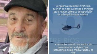 La hija de Enrique Fabiani denunció que la ministra de Seguridad se negó a recibirla para hablar sobre el caso de su padre, quien desapareció hace casi un mes