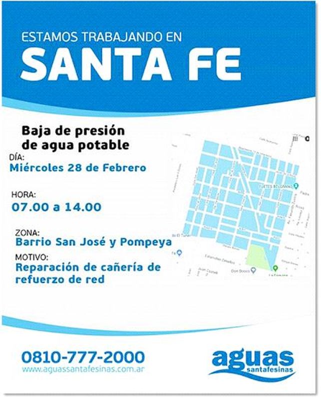 Habrá baja presión en los barrios San José, Pompeya y Sur
