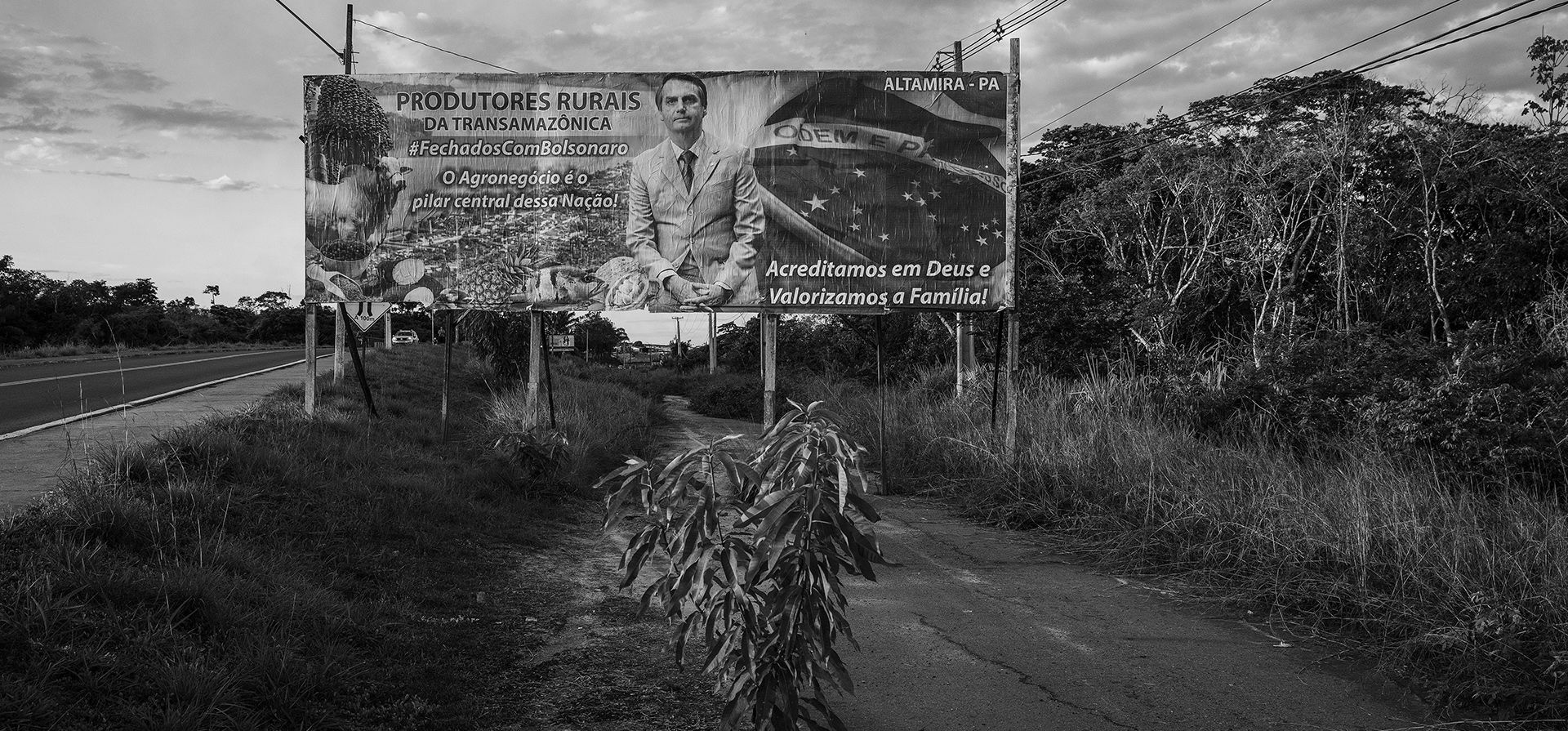Imagen parte de una serie titulada Amazonian Dystopia, de Lalo de Almeida para Folha de Sao Paulo/Panos Pictures que ganó el premio World Press Photo Long-Term Project, muestra una cartelera con un mensaje de apoyo a El presidente Bolsonaro junto a la Carretera Transamazónica, Altamira, Pará, Brasil, 20 de julio de 2020. La agroindustria es uno de los principales pilares del apoyo político del presidente (Lalo de Almeida para Folha de Sao Paulo/Panos Pictures/World Press Photo vía AP)