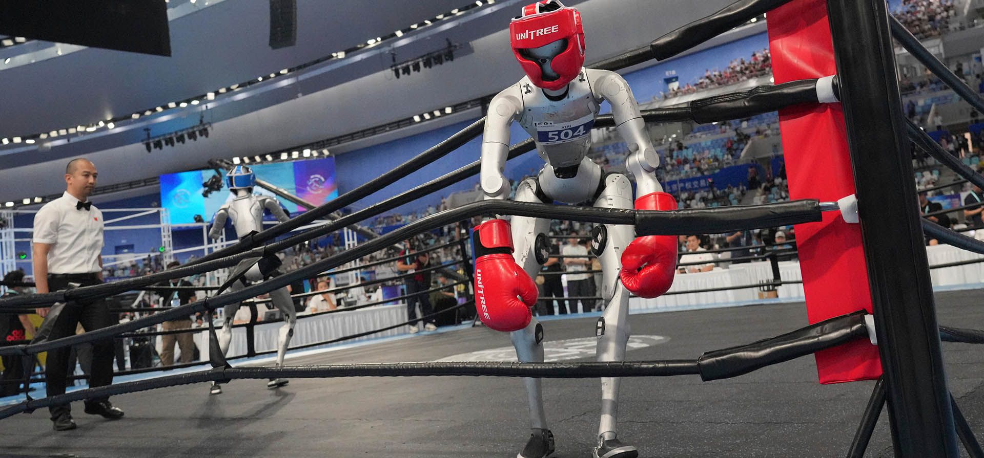 Robots compiten en el evento de Combate Libre de los Juegos Mundiales de Robots Humanoides en Pekín, el domingo 23 de agosto de 2026. (Foto AP/Achmad Ibrahim)