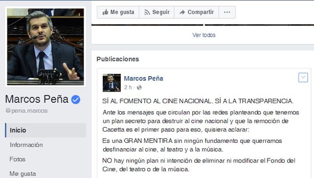 INCAA: Marcos Peña dijo que es una gran mentira que el gobierno quiera desfinanciar el cine