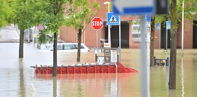 Una fila de carritos de supermercado quedaron bajo las aguas de las lluvias torrenciales que azotan la región.