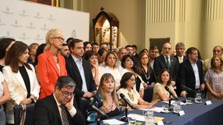 La senadora Juliana Di Tullio en el micrófono y otros legisladores oficialistas fustigaron la resolución que condenó a prisión a Cristina Kirchner