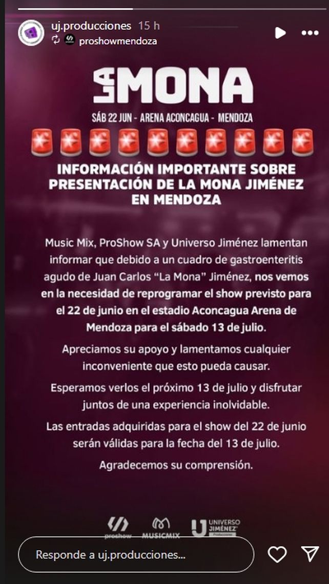 El comunicado a través del cual la productora de la Mona Jiménez anunció la internación del músico y la reprogramación del show en Mendoza