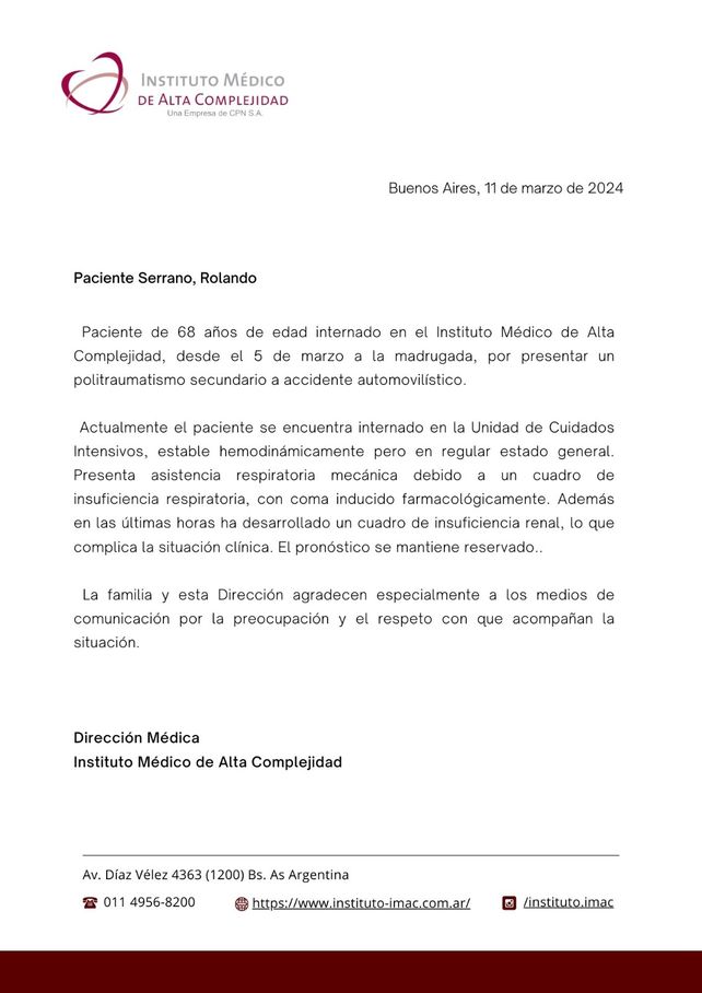 El último parte médico de Roly Serrano, difundido por la familia, donde se da cuenta de una complicación en su salud