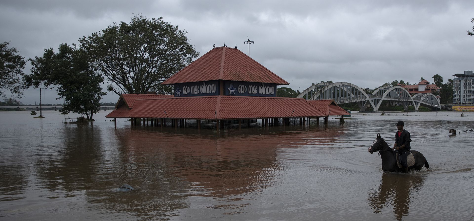 Un joven monta a caballo frente a un templo hindú parcialmente sumergido a través de las aguas del río Periyar que se inundó debido a las fuertes lluvias en Kochi, estado de Kerala, India, el miércoles 3 de agosto de 2022.