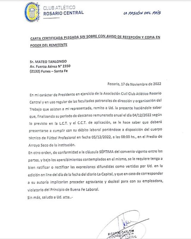 La carta en la que Central intima a Tanlongo para que se presente el 5 de diciembre en Arroyo Seco.