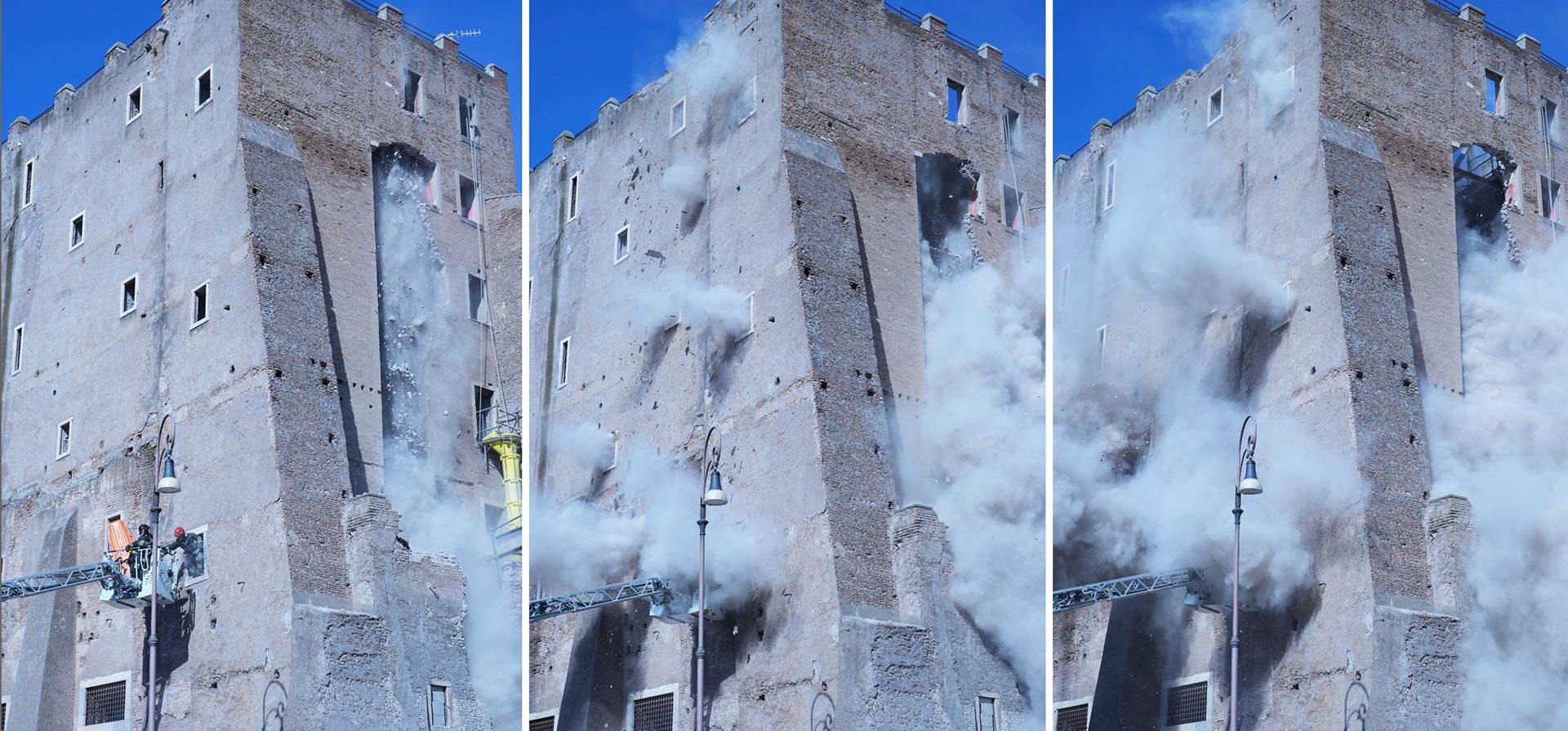 Composición de tres imágenes muestra una nube de escombros de un segundo derrumbe rodeando a los bomberos que intentaban rescatar a un trabajador después de que una torre medieval cerca del Foro Romano se derrumbara parcialmente durante trabajos de renovación, en Roma, Italia, el lunes 3 de noviembre de 2025. (Foto AP/Domenico Stinellis) Composición de tres imágenes muestra una nube de escombros de un segundo derrumbe rodeando a los bomberos que intentaban rescatar a un trabajador después de que una torre medieval cerca del Foro Romano se derrumbara parcialmente durante trabajos de renovación, en Roma, Italia, el lunes 3 de noviembre de 2025. (Foto AP/Domenico Stinellis)