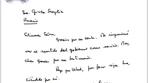 La vicegobernadora de Santa Fe Gisela Scaglia recibió una carta, de puño y letra, del Papa Francisco
