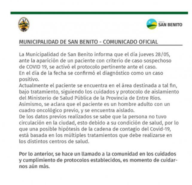 Hisopado negativo para el paciente de San Benito internado en Paraná