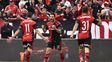 Scocco grita el primer gol con alma y vida. Maxi y Quignón se suman al festejo.&nbsp;