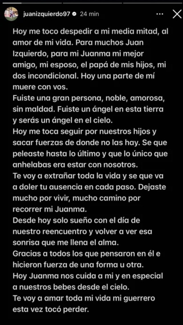 La sentida despedida de la esposa de Juan Izquierdo: Una parte de mí muere con vos