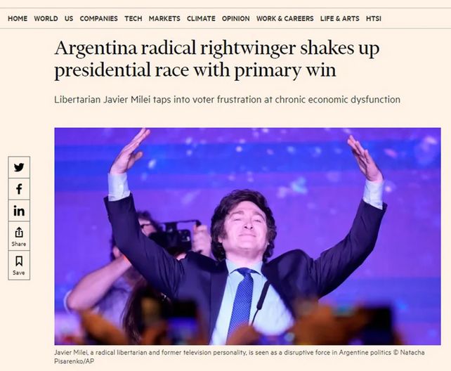 La reacción de los medios internacionales ante el triunfo de Milei en las Paso