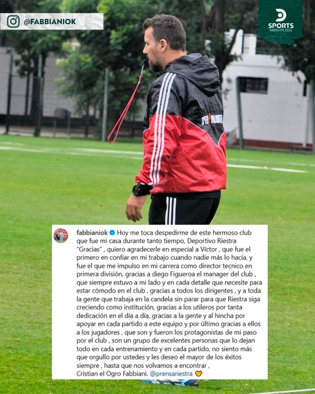 El emotivo mensaje de despedida del Ogro Fabbiani al plantel del Riestra antes de sumarse a Newells