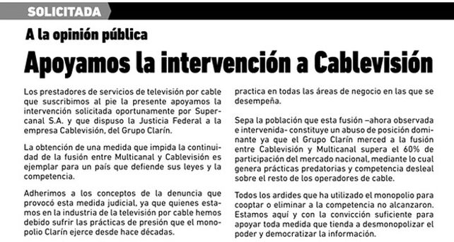 Cables del interior manifestaron su apoyo a la intervenci&oacute;n de Cablevisi&oacute;n