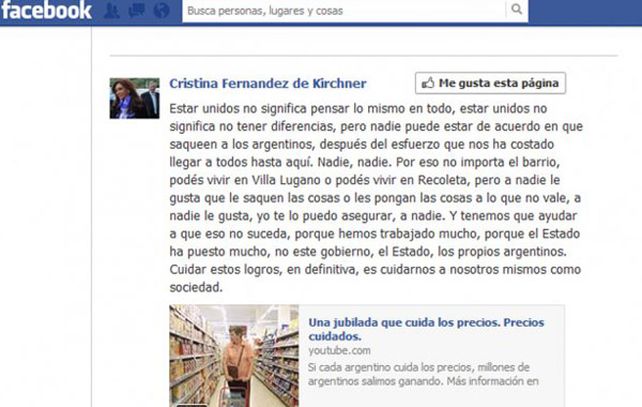 Cristina se comunicó con sus seguidores a través de una de la red social Facebook.