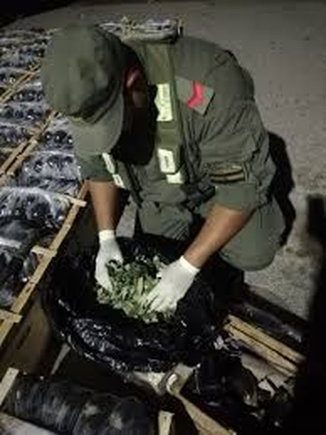 Un gendarme al revisar los paquetes con verdura.