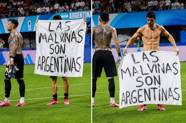 La bandera que mostraron los jugadores: "Las Malvinas son argentinas"