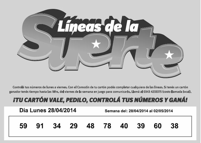 NÚMEROS que corresponden al LUNES 28 de ABRIL.