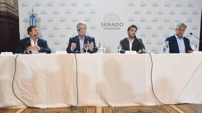 Los mandatarios patag&oacute;nicos brindaron una conferencia de prensa en el Senado nacional.
