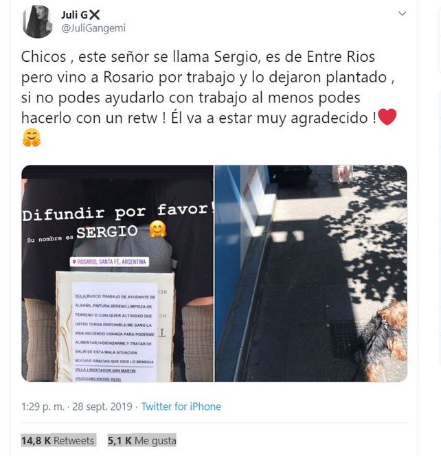 Entrerriano que pide trabajo en Rosario conmovió Twitter