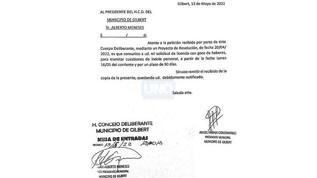 Gilbert: pidió licencia el intendente Ángel Constantino