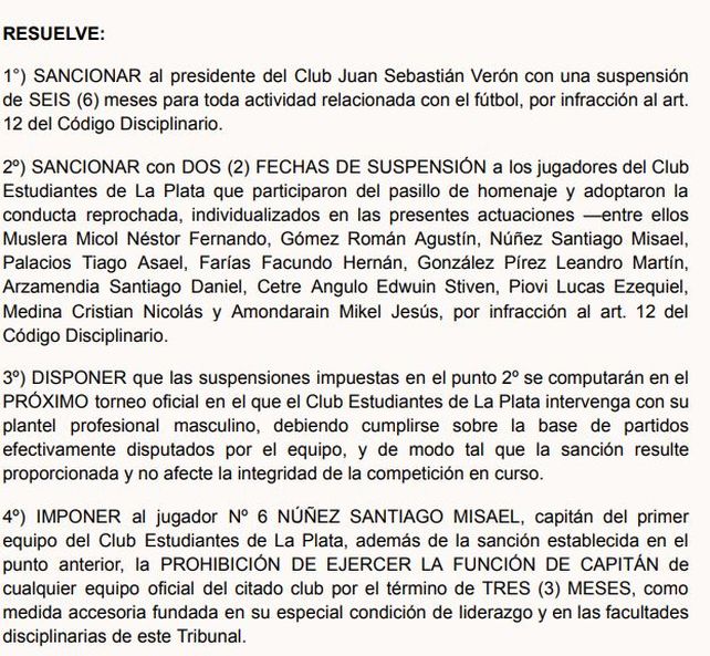 Pasillo contra Central: la AFA suspendió por dos fechas a los jugadores de Estudiantes y por seis meses a Verón