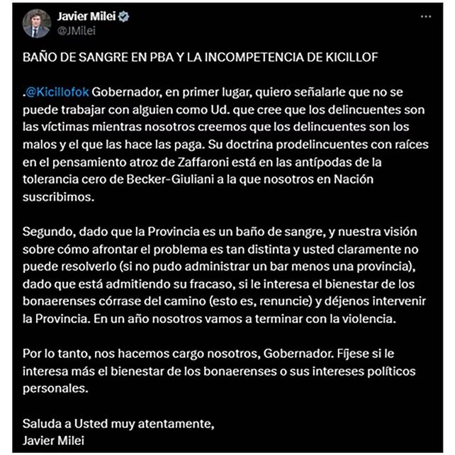 Javier Milei pidió la renuncia de Kicillof y propuso intervenir la provincia de Buenos Aires