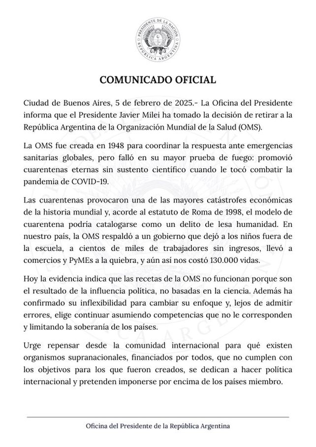 Milei habló de la salida de Argentina de la Organización Mundial de la Salud: Fueron los ideólogos de la cuarentena cavernícola