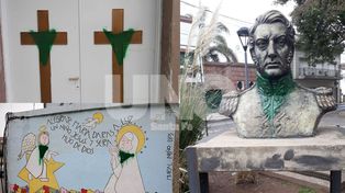 Aparecieron más pintadas de pañuelos verdes en iglesias y monumentos de la ciudad