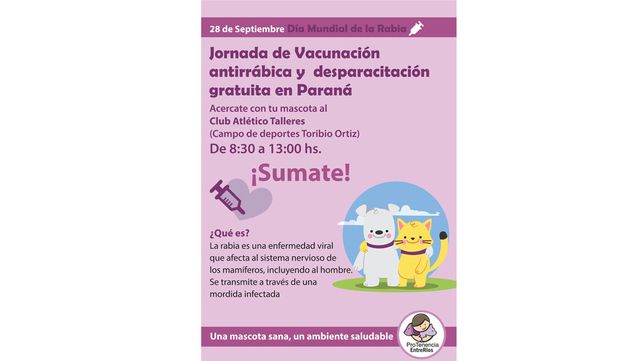 Realizarán una jornada de vacunación gratuita por el Día Mundial de la Rabia
