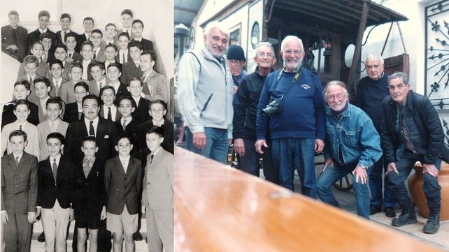 Una foto de la primaria en el Normal 3 y otra de los amigos en el reciente viaje: (de izq a der) Matar