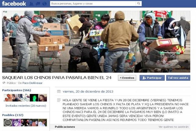 Convocan por Facebook a saquear supermercados chinos