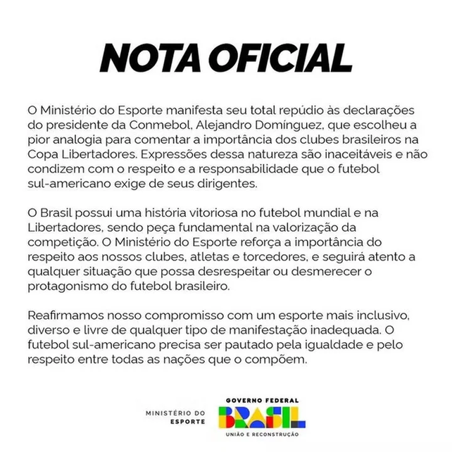 Brasil repudió al presidente de la Conmebol por comparar a los clubes de ese país con un mono