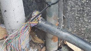 Robo piraña. Así amaneció este lunes el cableado telefónico en Sarmiento al 700.