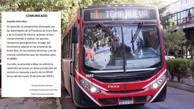 UTA levanta el paro y este lunes vuelven a circular los colectivos en Paraná.