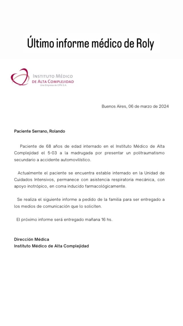 El parte médico de Roly Serrano que difundió su familia a través de Instagram