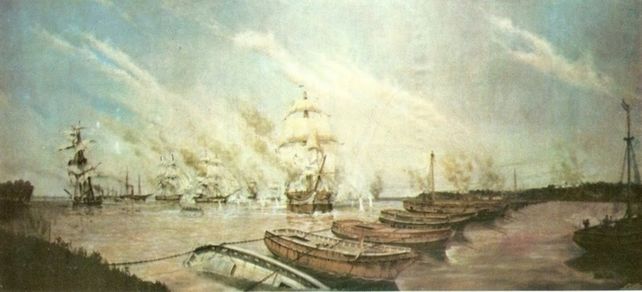 Soberanía Nacional. En la ilustración se ven las barcas encadenadas que atravesaban el río Paraná en la batalla de la Vuelta de Obligado para evitar el avance de Gran Bretaña y Francia. 
