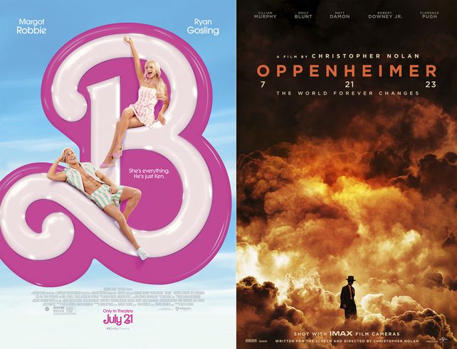 Más distintas imposible: los posters de Barbie y Oppenheimer.&nbsp;