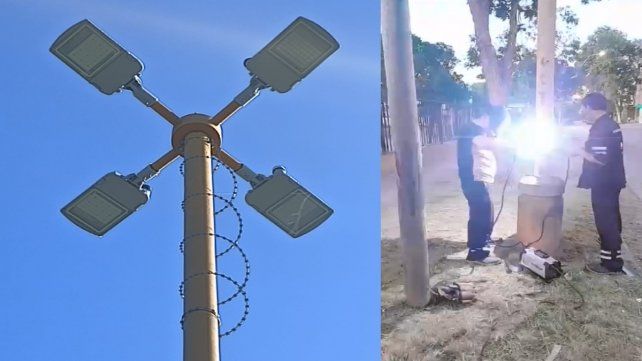Lámparas con alambre concertina en el Parque Garay y trabajos de soldado de tapas en luminarias.