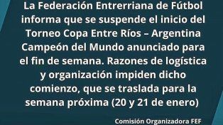 La Copa Entre Ríos se postergó para la semana próxima
