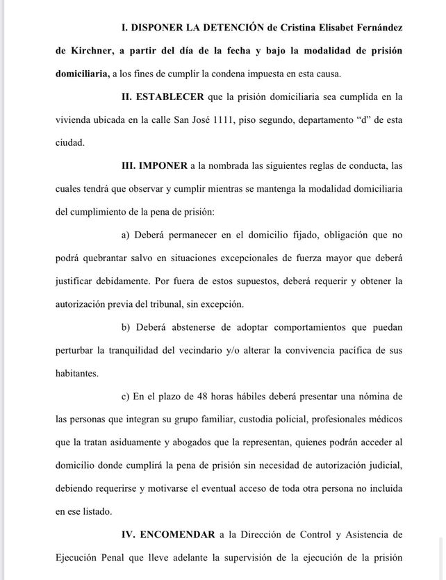 La Justicia le otorgó la prisión domiciliaria a Cristina: queda detenida desde hoy y debe usar tobillera electrónica
