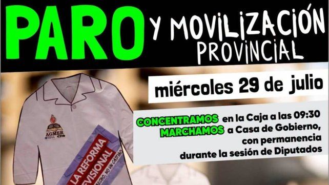 Contra de la reforma previsional: Agmer realizará el miércoles un paro con movilización
