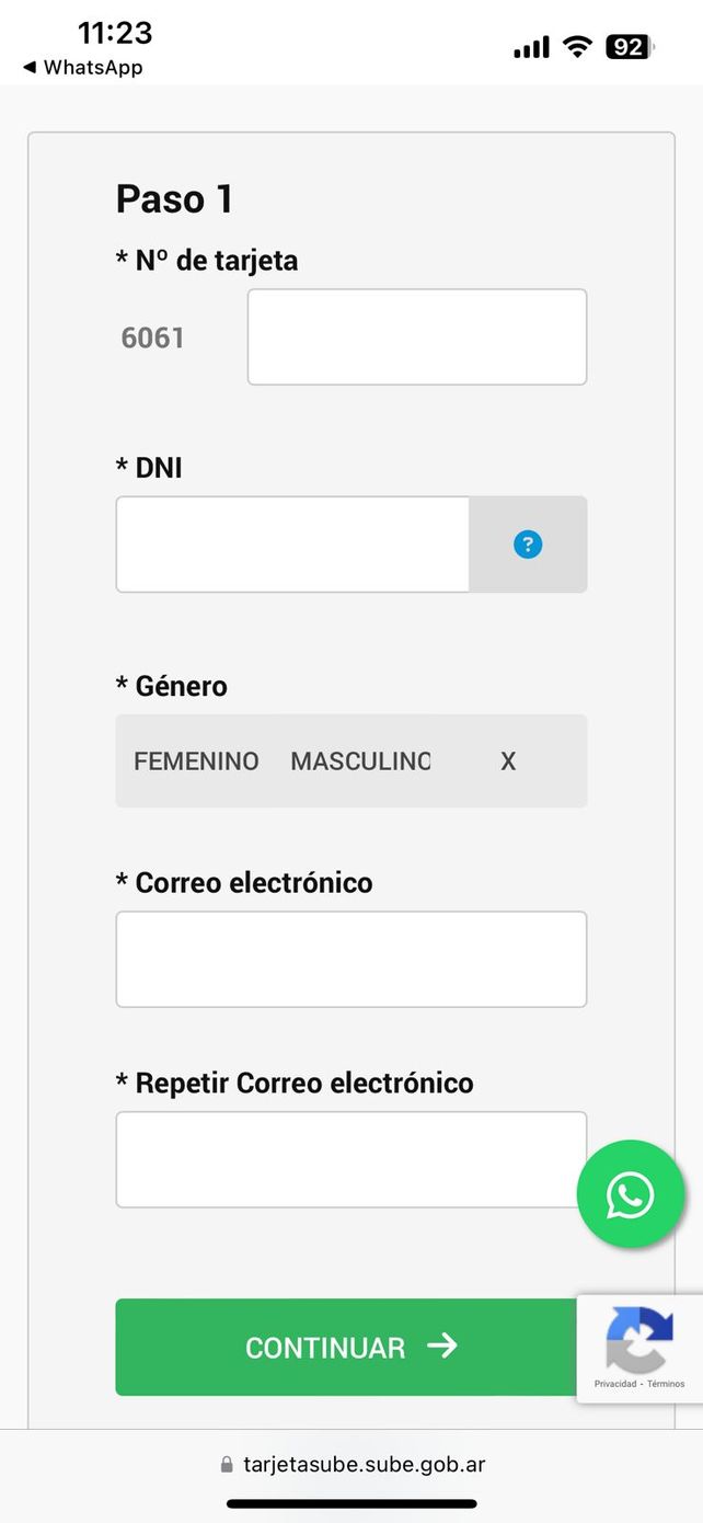 El formulario para registrar la tarjeta Sube