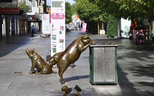 Esculturas de cerdos se exhiben en un centro comercial peatonal casi vacío en Adelaide
