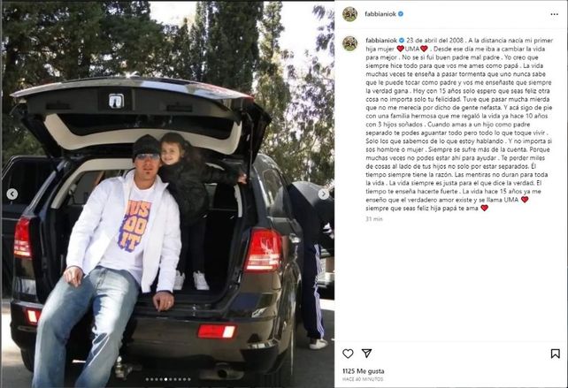 El enigmático posteo de Instagram que hizo Fabbiani por el cumple de su hija y después borró. 